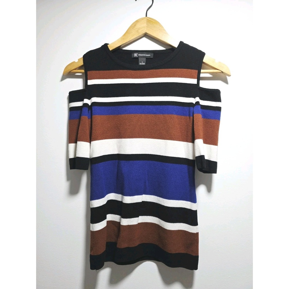 INC Womens Blouse Striped Cold Shoulder Knit Top Size S Rayon/Nylon